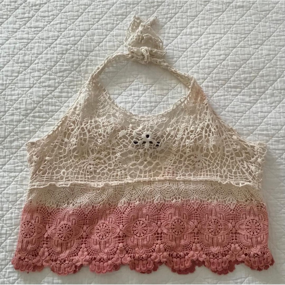 American Eagle Boho Crochet Ombre Halter Crop Top Size M Open Knit Festival - Picture 4 of 8